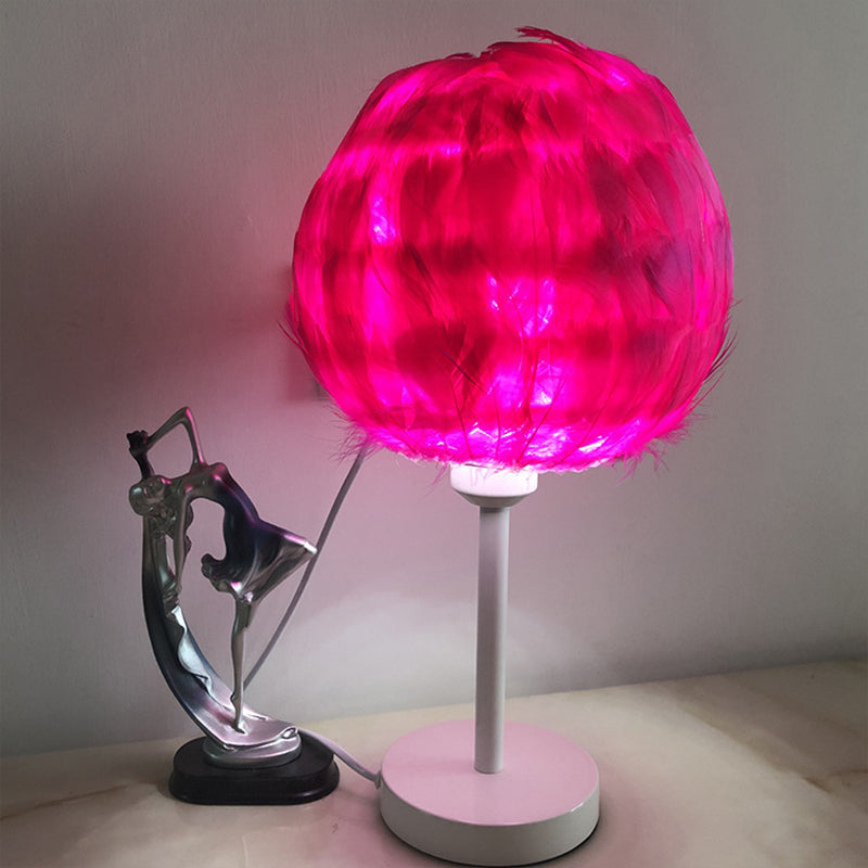 Handmade Sphere Feather Table Light Nordic Style 1-Light White/Pink/Rose Red Nightstand Lamp with Plug-in Cord Clearhalo 'Lamps' 'Table Lamps' Lighting' 1985965