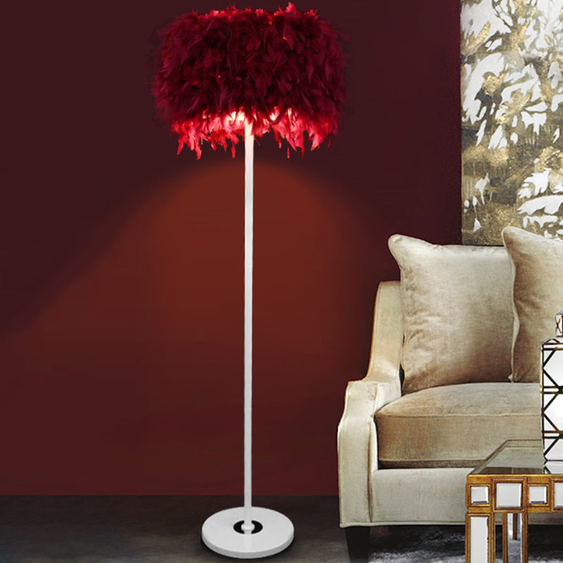 Burgundy/Purple/Pink Drum Floor Light Minimalistic 1-Bulb Feather Standing Floor Lamp for Living Room Burgundy Clearhalo 'Floor Lamps' 'Lamps' Lighting' 1986092