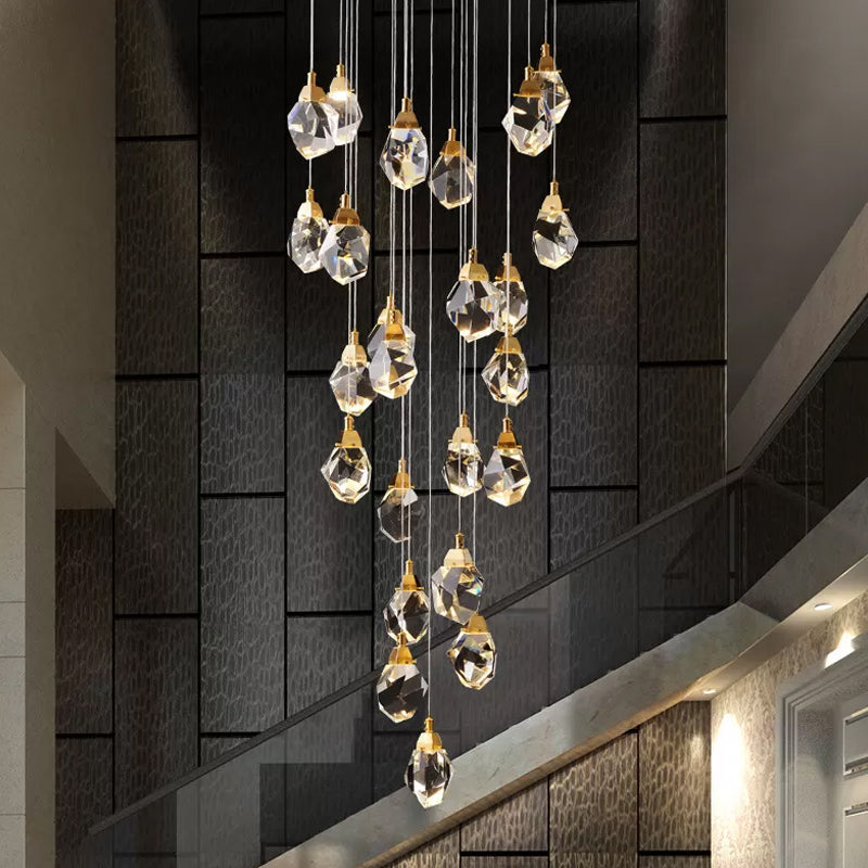 Raindrop Multiple Hanging Lamp Modern Crystal 3/5/24-Light Dining Room Pendant Light in Brass Clearhalo 'Ceiling Lights' 'Modern Pendants' 'Modern' 'Pendant Lights' 'Pendants' Lighting' 1986400