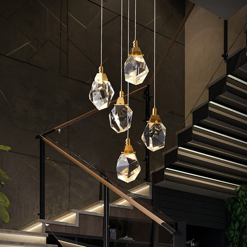 Raindrop Multiple Hanging Lamp Modern Crystal 3/5/24-Light Dining Room Pendant Light in Brass 5 Brass Clearhalo 'Ceiling Lights' 'Modern Pendants' 'Modern' 'Pendant Lights' 'Pendants' Lighting' 1986415