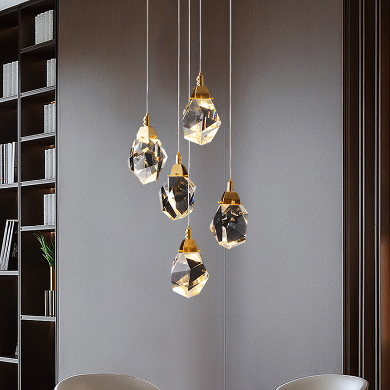 Raindrop Multiple Hanging Lamp Modern Crystal 3/5/24-Light Dining Room Pendant Light in Brass Clearhalo 'Ceiling Lights' 'Modern Pendants' 'Modern' 'Pendant Lights' 'Pendants' Lighting' 1986417