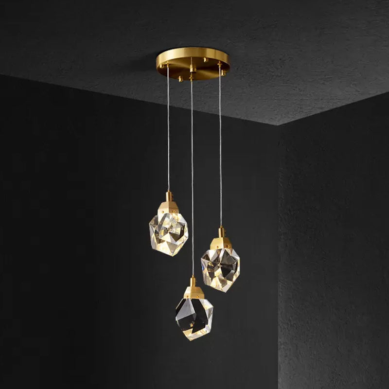 Raindrop Multiple Hanging Lamp Modern Crystal 3/5/24-Light Dining Room Pendant Light in Brass 3 Brass Clearhalo 'Ceiling Lights' 'Modern Pendants' 'Modern' 'Pendant Lights' 'Pendants' Lighting' 1986420