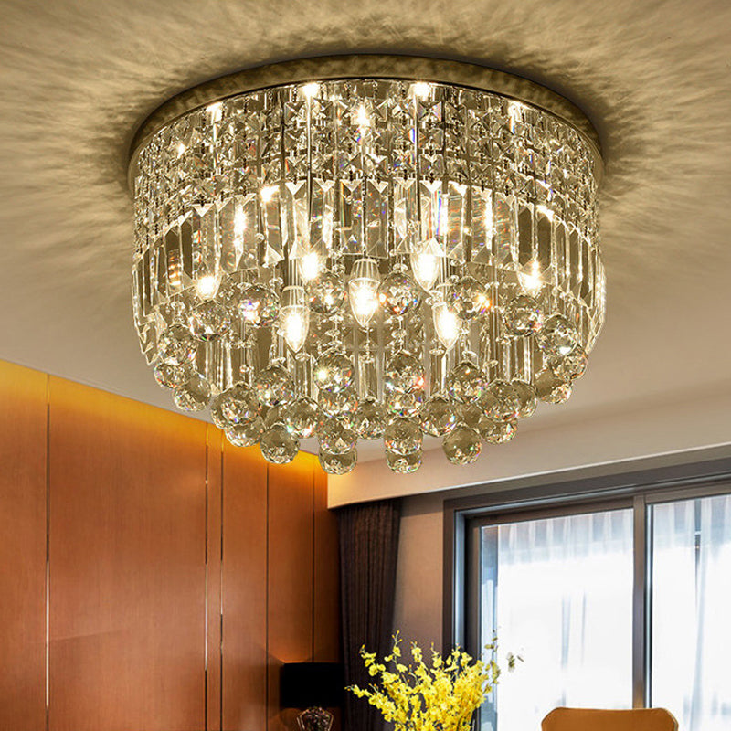 Nickel Round Flush Mount Light Modern 9-Bulb Clear Cut Crystal Ceiling Light Fixture Nickel Clearhalo 'Ceiling Lights' 'Close To Ceiling Lights' 'Close to ceiling' 'Flush mount' Lighting' 1986438