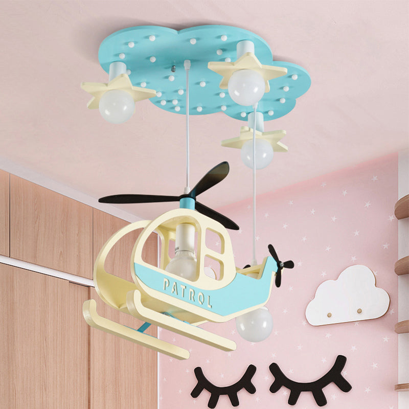 Kid Bedroom Helicopter Pendant Light Metal Cartoon Blue Hanging Chandelier with Cloud Shape Canopy Clearhalo 'Ceiling Lights' 'Pendant Lights' 'Pendants' Lighting' 200375