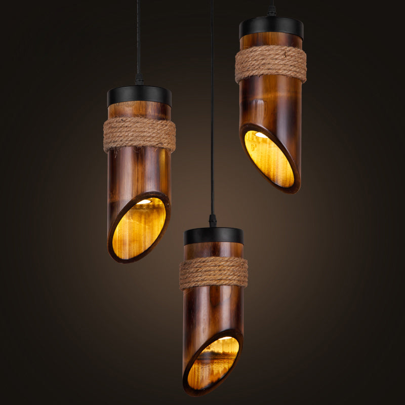 Bamboo Beveled Tube Hanging Light Fixture Factory Dining Room Rope Suspension Lamp in Brown Clearhalo 'Ceiling Lights' 'Industrial Pendants' 'Industrial' 'Middle Century Pendants' 'Pendant Lights' 'Pendants' 'Tiffany' Lighting' 2010500