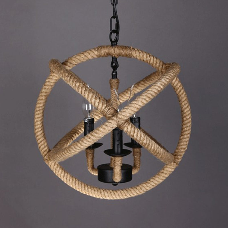 Factory Globe Chandelier Lamp 3 Heads Hemp Rope Pendant Lighting Fixture in Beige Clearhalo 'Cast Iron' 'Ceiling Lights' 'Chandeliers' 'Industrial Chandeliers' 'Industrial' 'Metal' 'Middle Century Chandeliers' 'Rustic Chandeliers' 'Tiffany' Lighting' 2010577