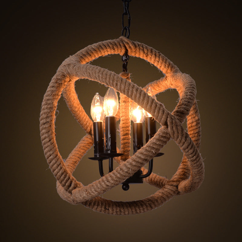 Round Hemp Rope Ceiling Chandelier Farm 4-Light Bedroom Suspension Pendant Light in Beige Beige Clearhalo 'Cast Iron' 'Ceiling Lights' 'Chandeliers' 'Industrial Chandeliers' 'Industrial' 'Metal' 'Middle Century Chandeliers' 'Rustic Chandeliers' 'Tiffany' Lighting' 2010585