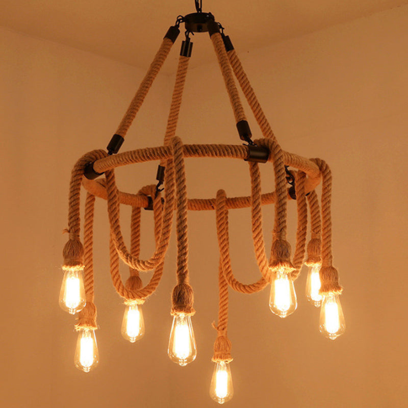 Hemp Rope Exposed Bulb Chandelier Antiqued Restaurant Pendant Light Kit in Beige 8 Beige Clearhalo 'Cast Iron' 'Ceiling Lights' 'Chandeliers' 'Industrial Chandeliers' 'Industrial' 'Metal' 'Middle Century Chandeliers' 'Rustic Chandeliers' 'Tiffany' Lighting' 2010595