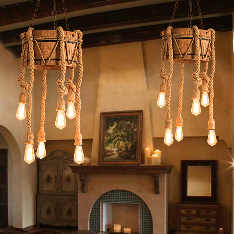 Bucket Restaurant Drop Pendant Factory Wood Beige Chandelier Light Fixture with Rope Cord 6 Beige Clearhalo 'Carpenter Chandeliers' 'Ceiling Lights' 'Chandeliers' 'Industrial Chandeliers' 'Industrial' 'Middle Century Chandeliers' 'Modern' 'Tiffany' Lighting' 2010602