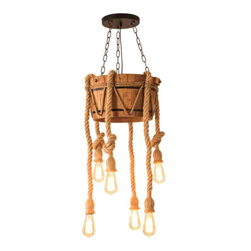 Bucket Restaurant Drop Pendant Factory Wood Beige Chandelier Light Fixture with Rope Cord Clearhalo 'Carpenter Chandeliers' 'Ceiling Lights' 'Chandeliers' 'Industrial Chandeliers' 'Industrial' 'Middle Century Chandeliers' 'Modern' 'Tiffany' Lighting' 2010603