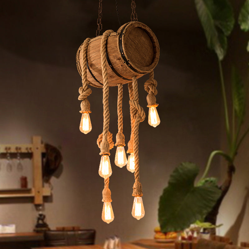 Bucket Restaurant Drop Pendant Factory Wood Beige Chandelier Light Fixture with Rope Cord 7 Beige Clearhalo 'Carpenter Chandeliers' 'Ceiling Lights' 'Chandeliers' 'Industrial Chandeliers' 'Industrial' 'Middle Century Chandeliers' 'Modern' 'Tiffany' Lighting' 2010604