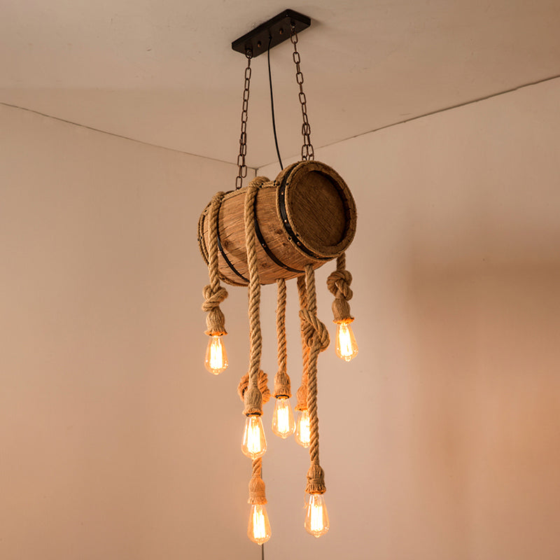 Bucket Restaurant Drop Pendant Factory Wood Beige Chandelier Light Fixture with Rope Cord Clearhalo 'Carpenter Chandeliers' 'Ceiling Lights' 'Chandeliers' 'Industrial Chandeliers' 'Industrial' 'Middle Century Chandeliers' 'Modern' 'Tiffany' Lighting' 2010605