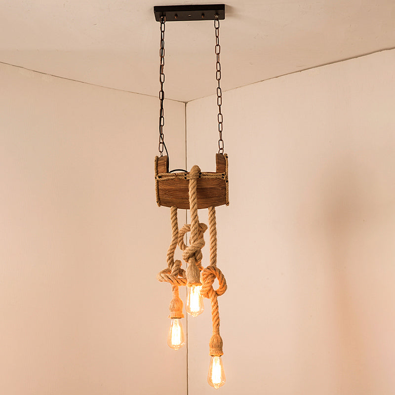 Bucket Restaurant Drop Pendant Factory Wood Beige Chandelier Light Fixture with Rope Cord 3 Beige Clearhalo 'Carpenter Chandeliers' 'Ceiling Lights' 'Chandeliers' 'Industrial Chandeliers' 'Industrial' 'Middle Century Chandeliers' 'Modern' 'Tiffany' Lighting' 2010606