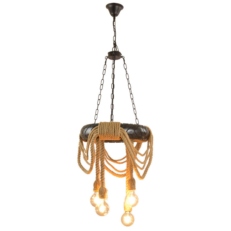 Beige 4 Heads Chandelier Lighting Farmhouse Rubber Tyre Pendant Light Fixture with Open Bulb and Rope Cord Design Beige Clearhalo 'Cast Iron' 'Ceiling Lights' 'Chandeliers' 'Industrial Chandeliers' 'Industrial' 'Metal' 'Middle Century Chandeliers' 'Rustic Chandeliers' 'Tiffany' Lighting' 2010607