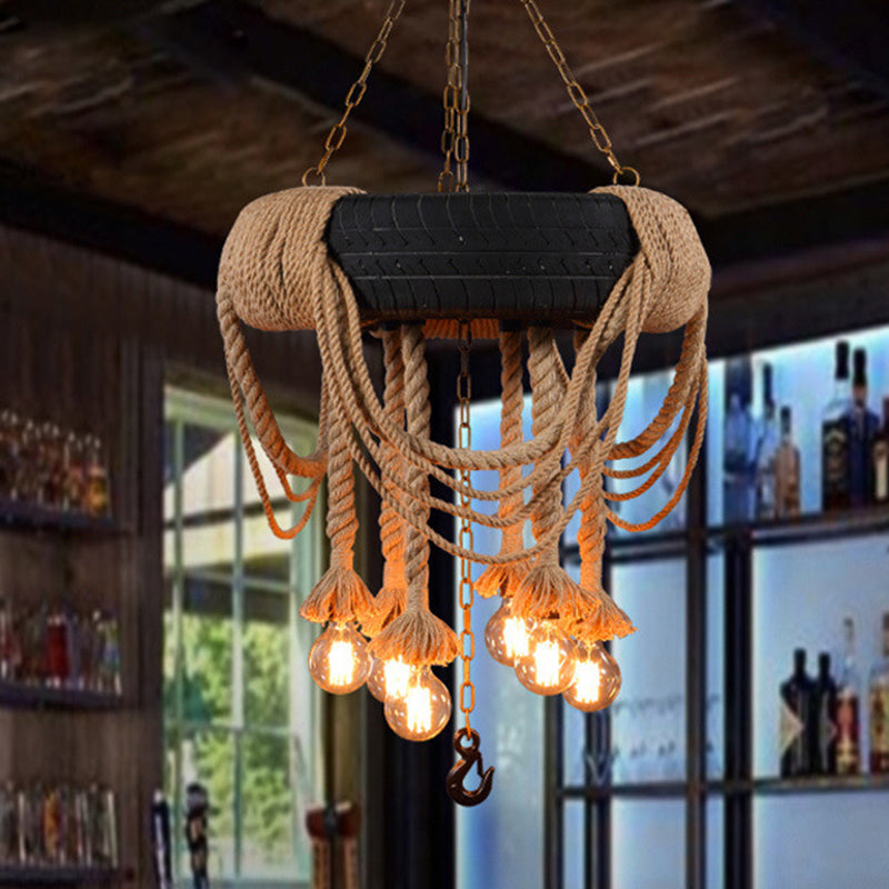 Black Tyre Hanging Chandelier Warehouse Rope 5 Lights Restaurant Suspension Pendant Light Clearhalo 'Ceiling Lights' 'Chandeliers' 'Industrial Chandeliers' 'Industrial' 'Middle Century Chandeliers' 'Tiffany' Lighting' 2010614