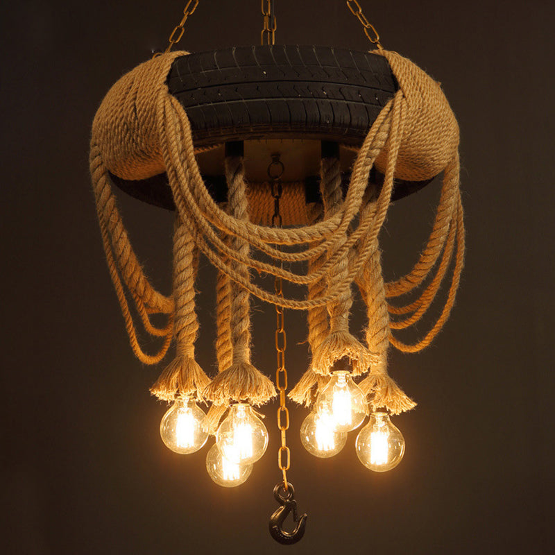 Black Tyre Hanging Chandelier Warehouse Rope 5 Lights Restaurant Suspension Pendant Light Clearhalo 'Ceiling Lights' 'Chandeliers' 'Industrial Chandeliers' 'Industrial' 'Middle Century Chandeliers' 'Tiffany' Lighting' 2010615