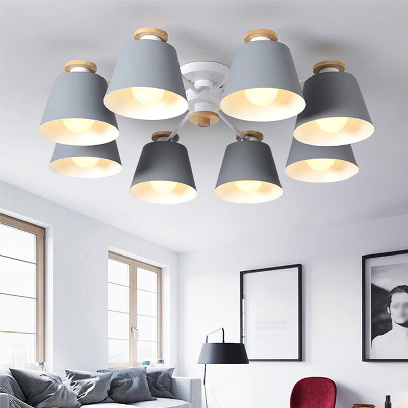 Bucket Semi Flush Light Fixture Simple Metal Living Room Ceiling Lighting with Wood Top Grey Clearhalo 'Ceiling Lights' 'Close To Ceiling Lights' 'Close to ceiling' 'Semi-flushmount' Lighting' 2011070