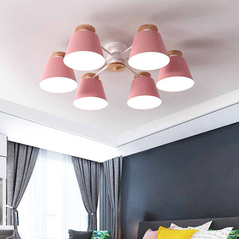 Bucket Semi Flush Light Fixture Simple Metal Living Room Ceiling Lighting with Wood Top Pink Clearhalo 'Ceiling Lights' 'Close To Ceiling Lights' 'Close to ceiling' 'Semi-flushmount' Lighting' 2011074