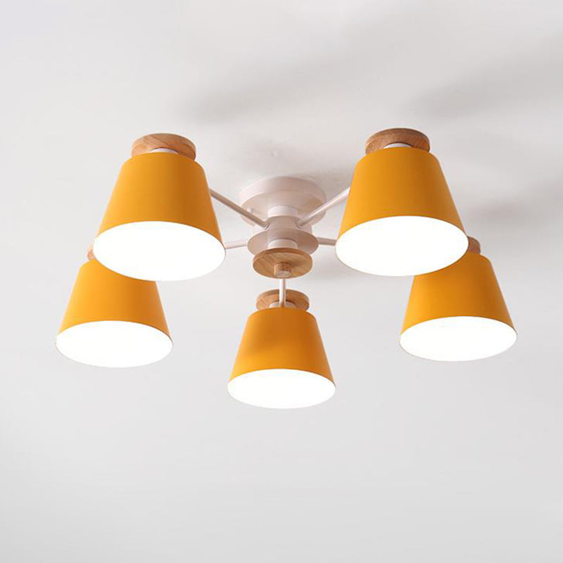 Bucket Semi Flush Light Fixture Simple Metal Living Room Ceiling Lighting with Wood Top Yellow Clearhalo 'Ceiling Lights' 'Close To Ceiling Lights' 'Close to ceiling' 'Semi-flushmount' Lighting' 2011075