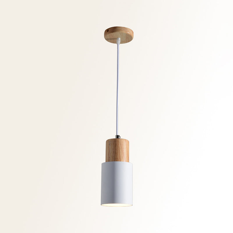 Tubular Ceiling Pendant Minimalist Metal 1-Light Suspension Lighting Fixture with Wood Top White Clearhalo 'Ceiling Lights' 'Modern Pendants' 'Modern' 'Pendant Lights' 'Pendants' Lighting' 2011185