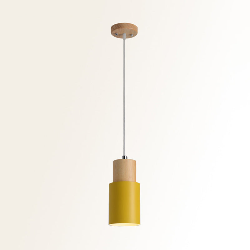 Tubular Ceiling Pendant Minimalist Metal 1-Light Suspension Lighting Fixture with Wood Top Yellow Clearhalo 'Ceiling Lights' 'Modern Pendants' 'Modern' 'Pendant Lights' 'Pendants' Lighting' 2011187