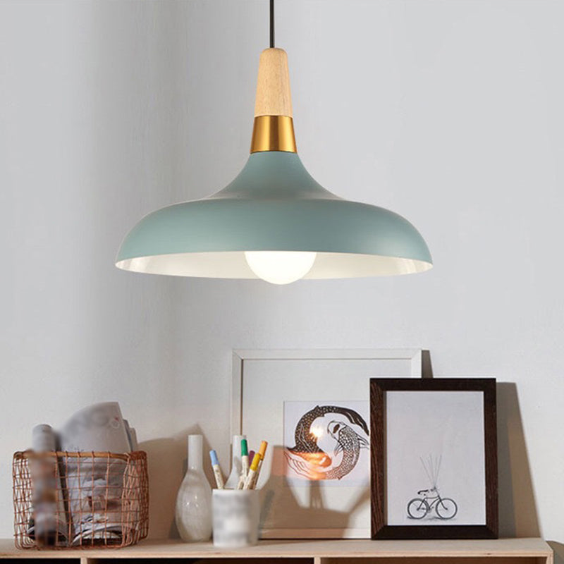 Metal Barn Pendant Light Fixture Modernity 1 Light Ceiling Suspension Lamp with Wood Grip Blue Clearhalo 'Ceiling Lights' 'Modern Pendants' 'Modern' 'Pendant Lights' 'Pendants' Lighting' 2011292