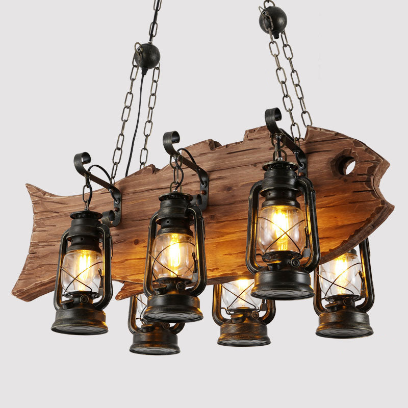 Black Kerosene Chandelier Light Coastal Clear Glass 6 Heads Restaurant Pendant Lighting with Wood Fish Clearhalo 'Cast Iron' 'Ceiling Lights' 'Chandeliers' 'Industrial Chandeliers' 'Industrial' 'Metal' 'Middle Century Chandeliers' 'Rustic Chandeliers' 'Tiffany' Lighting' 2011390