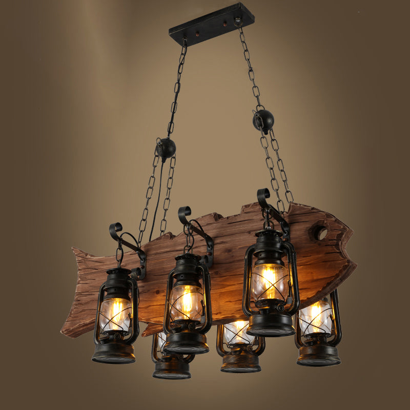 Black Kerosene Chandelier Light Coastal Clear Glass 6 Heads Restaurant Pendant Lighting with Wood Fish Clearhalo 'Cast Iron' 'Ceiling Lights' 'Chandeliers' 'Industrial Chandeliers' 'Industrial' 'Metal' 'Middle Century Chandeliers' 'Rustic Chandeliers' 'Tiffany' Lighting' 2011391