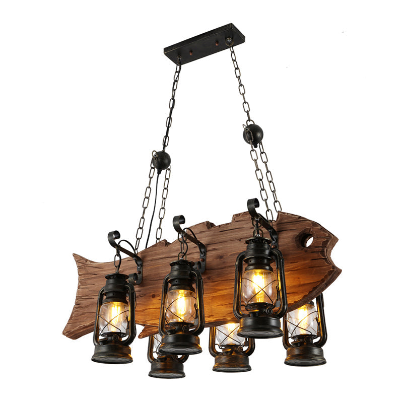 Black Kerosene Chandelier Light Coastal Clear Glass 6 Heads Restaurant Pendant Lighting with Wood Fish Clearhalo 'Cast Iron' 'Ceiling Lights' 'Chandeliers' 'Industrial Chandeliers' 'Industrial' 'Metal' 'Middle Century Chandeliers' 'Rustic Chandeliers' 'Tiffany' Lighting' 2011393