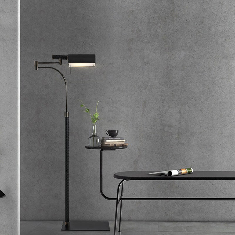 Half-Cylinder Floor Light Contemporary Metal 1-Bulb Living Room Leather Standing Lamp in Black Black Clearhalo 'Floor Lamps' 'Lamps' Lighting' 2011792