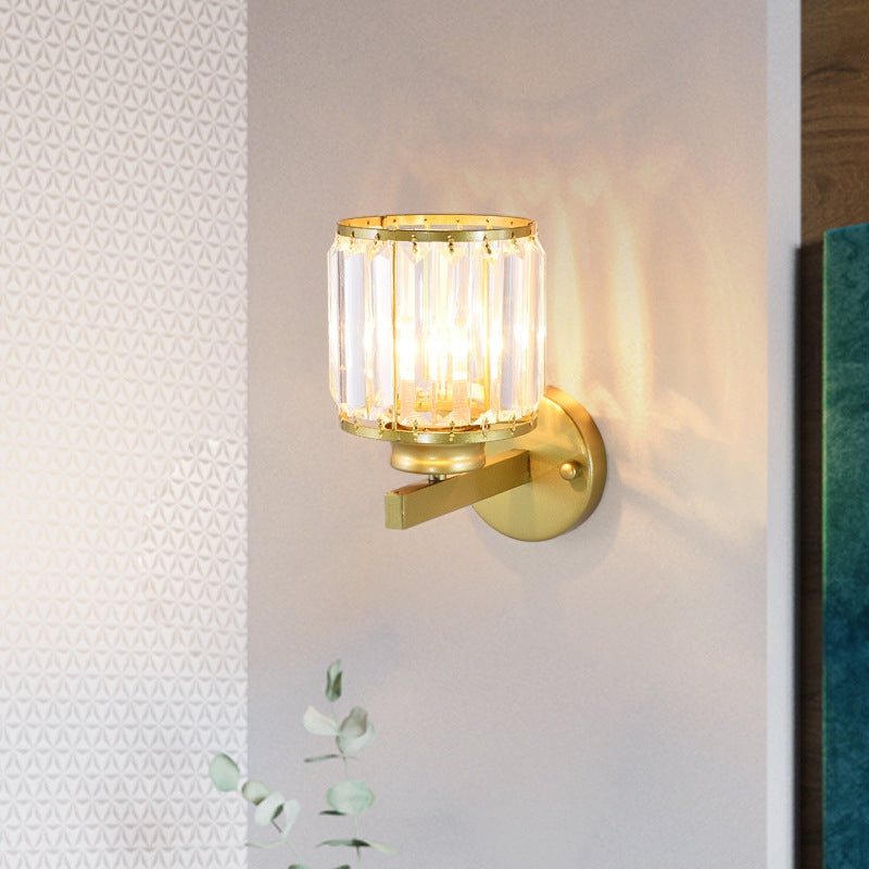 Cylinder Corridor Wall Lighting Traditional Beveled Crystal 1 Bulb Wall Hanging Light Gold Clearhalo 'Wall Lamps & Sconces' 'Wall Lights' Lighting' 2011977