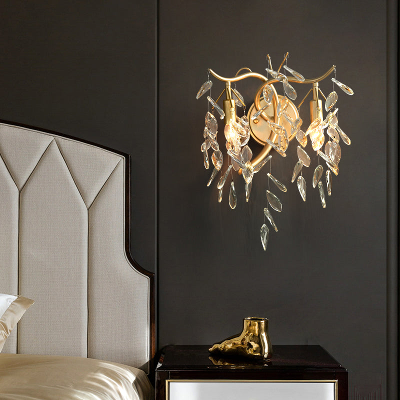 Branch Clear Crystal Wall Mount Lamp Country 2 Heads Bedside Wall Lighting Fixture in Brass Clearhalo 'Wall Lamps & Sconces' 'Wall Lights' Lighting' 2011993