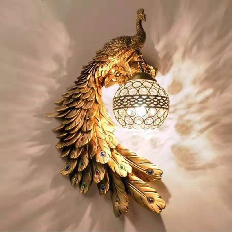 Resin Wall Light Sconce Peacock 1 Light Traditional Wall Mount Lamp with Globe Crystal Embedded Shade Gold Left Clearhalo 'Wall Lamps & Sconces' 'Wall Lights' Lighting' 2012009