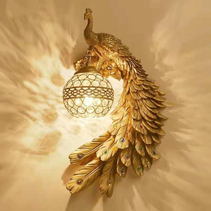 Resin Wall Light Sconce Peacock 1 Light Traditional Wall Mount Lamp with Globe Crystal Embedded Shade Clearhalo 'Wall Lamps & Sconces' 'Wall Lights' Lighting' 2012012