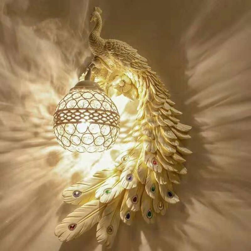 Classic Peacock Wall Lamp Sconce 1 Bulb Resin Wall Light Fixture with Spherical Crystal Encrusted Shade White Clearhalo 'Wall Lamps & Sconces' 'Wall Lights' Lighting' 2012019