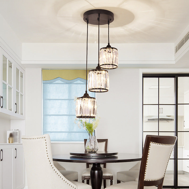 Drum Shade Crystal Multi Light Pendant Rustic Dining Room Down Lighting in Black 3 Black Clearhalo 'Ceiling Lights' 'Glass shade' 'Glass' 'Pendant Lights' 'Pendants' Lighting' 2012020