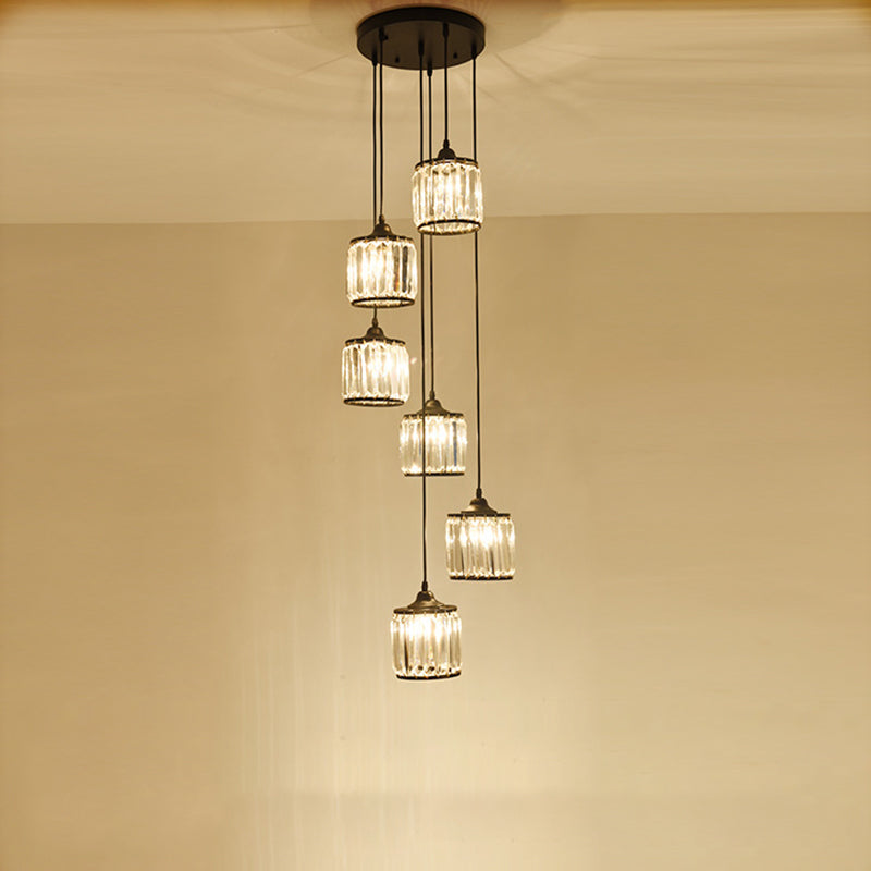 Drum Shade Crystal Multi Light Pendant Rustic Dining Room Down Lighting in Black Clearhalo 'Ceiling Lights' 'Glass shade' 'Glass' 'Pendant Lights' 'Pendants' Lighting' 2012023