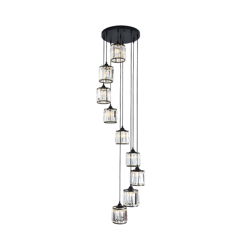 Drum Shade Crystal Multi Light Pendant Rustic Dining Room Down Lighting in Black Clearhalo 'Ceiling Lights' 'Glass shade' 'Glass' 'Pendant Lights' 'Pendants' Lighting' 2012025