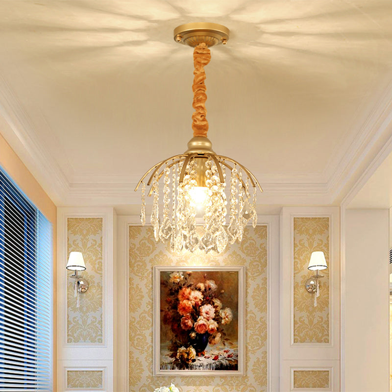 Gold Curved Arm Pendant Light Fixture Countryside Metal 1 Bulb Porch Hanging Lamp Kit with Crystal Accent Gold A Clearhalo 'Ceiling Lights' 'Pendant Lights' 'Pendants' Lighting' 2012046_0ff96d9a-023b-44db-898d-ecd1afd9785d