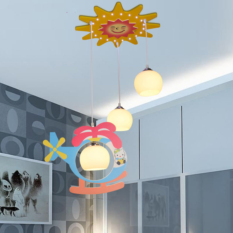 Kids Multi-Color Hanging Lamp Helicopter 3 Heads Opal Glass Ceiling Pendant for Kindergarten Clearhalo 'Ceiling Lights' 'Pendant Lights' 'Pendants' Lighting' 201332