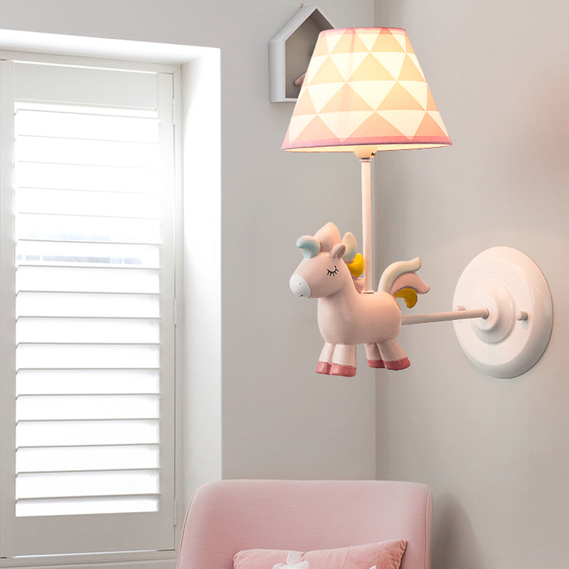 Candy Colored Unicorn Wall Light with Fabric Shade 1 Light Nordic Resin Sconce Light for Bedroom Pink Clearhalo 'Wall Lamps & Sconces' 'Wall Lights' Lighting' 201459