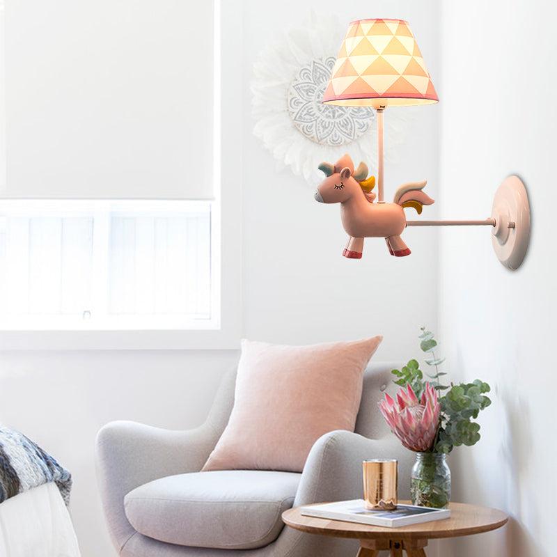 Candy Colored Unicorn Wall Light with Fabric Shade 1 Light Nordic Resin Sconce Light for Bedroom Clearhalo 'Wall Lamps & Sconces' 'Wall Lights' Lighting' 201460