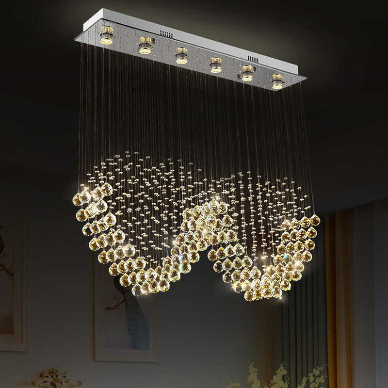 W Shaped Crystal Ceiling Lamp Modernism 6-Light Dining Room Flush Mounted Light in Stainless Steel Stainless-Steel Clearhalo 'Ceiling Lights' 'Close To Ceiling Lights' 'Close to ceiling' 'Flush mount' Lighting' 2015322
