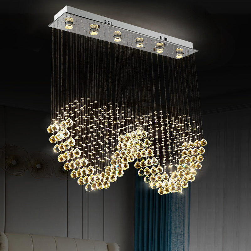 W Shaped Crystal Ceiling Lamp Modernism 6-Light Dining Room Flush Mounted Light in Stainless Steel Clearhalo 'Ceiling Lights' 'Close To Ceiling Lights' 'Close to ceiling' 'Flush mount' Lighting' 2015324