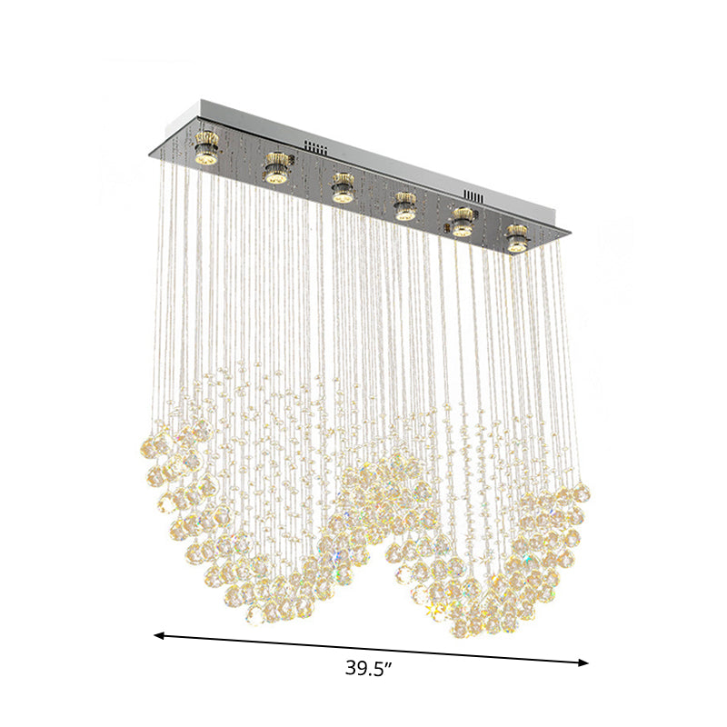 W Shaped Crystal Ceiling Lamp Modernism 6-Light Dining Room Flush Mounted Light in Stainless Steel Clearhalo 'Ceiling Lights' 'Close To Ceiling Lights' 'Close to ceiling' 'Flush mount' Lighting' 2015327