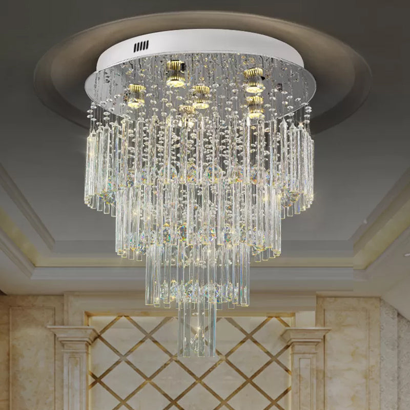 6-Bulb Tiered Flush Mount Lamp Modernism Stainless Steel Crystal Rod Ceiling Lighting for Restaurant Stainless-Steel Clearhalo 'Ceiling Lights' 'Close To Ceiling Lights' 'Close to ceiling' 'Flush mount' Lighting' 2015398