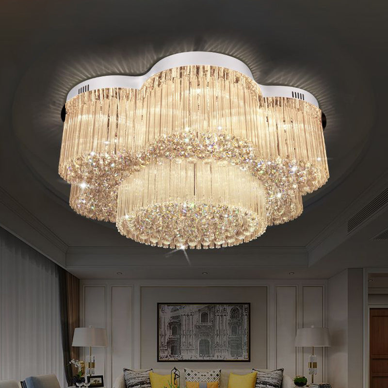 15-Bulb Flower Ceiling Lighting Contemporary Stainless Steel Crystal Flush Mounted Lamp for Living Room Stainless-Steel Clearhalo 'Ceiling Lights' 'Close To Ceiling Lights' 'Close to ceiling' 'Flush mount' Lighting' 2015408