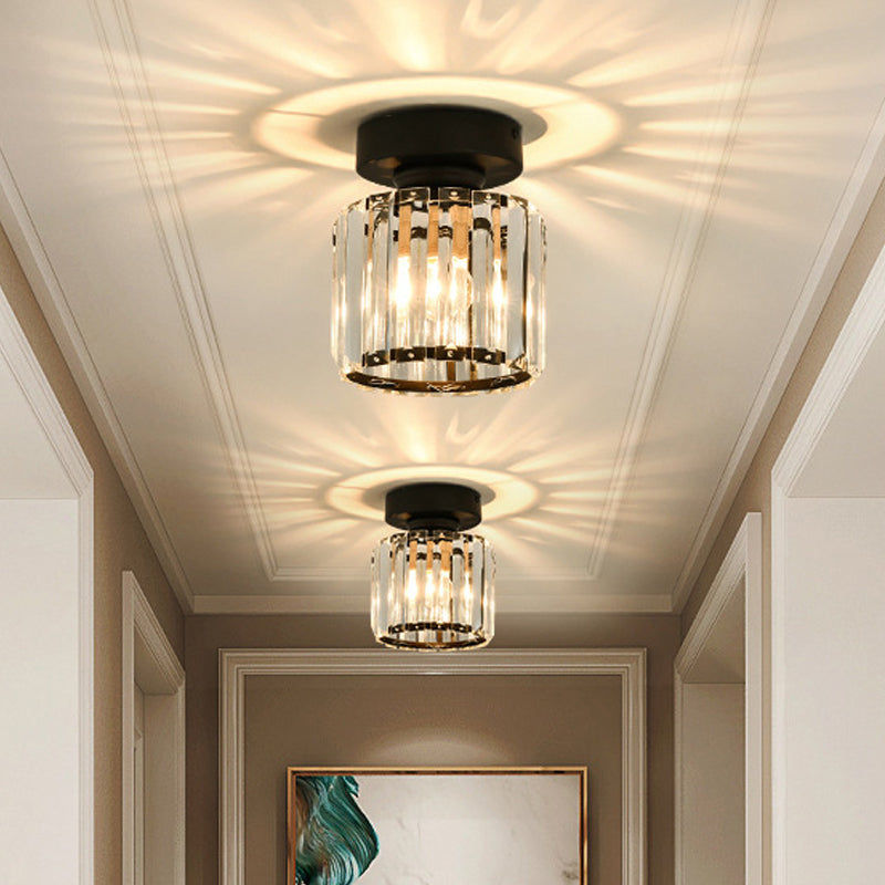 Square/Cylinder Corridor Ceiling Lamp Simplicity Crystal 1 Bulb Black/Gold Semi Flush Mount Light Fixture Black Cylinder Clearhalo 'Ceiling Lights' 'Close To Ceiling Lights' 'Close to ceiling' 'Flush mount' Lighting' 2015427