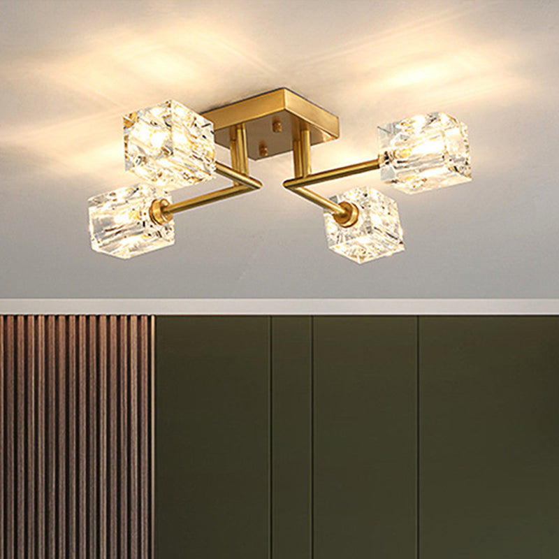 4/12/16 Heads Semi Flush Chandelier Postmodern Ice Cube Crystal Flush Mounted Light in Brass 4 Brass Clearhalo 'Ceiling Lights' 'Close To Ceiling Lights' 'Close to ceiling' 'Semi-flushmount' Lighting' 2015459