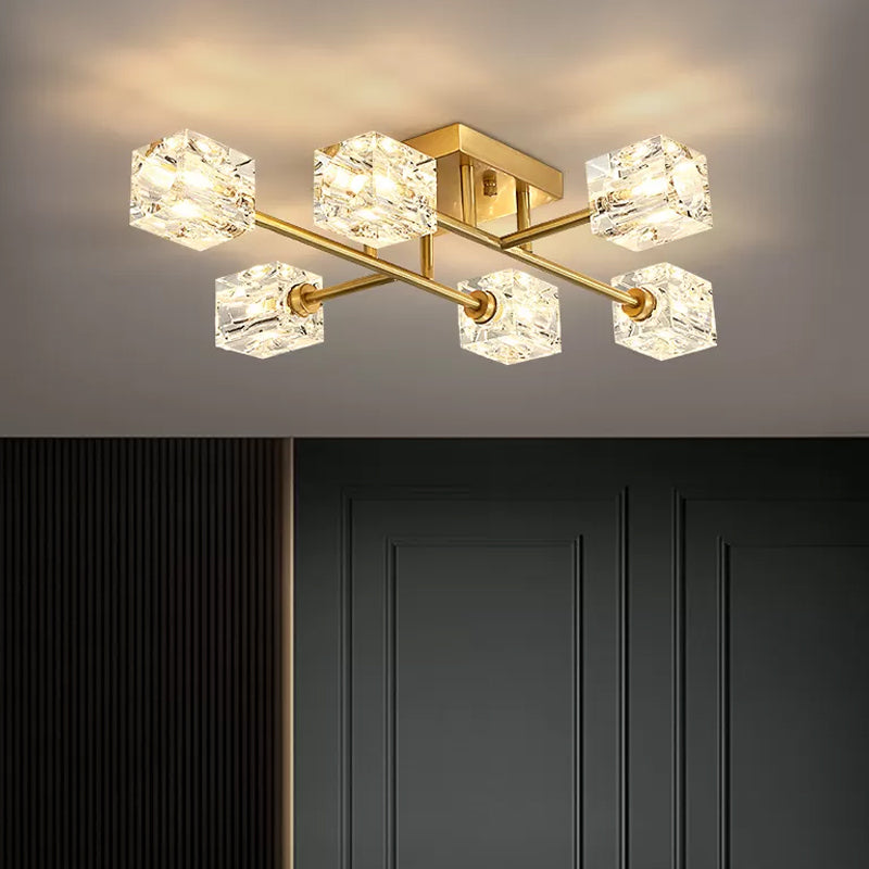 4/12/16 Heads Semi Flush Chandelier Postmodern Ice Cube Crystal Flush Mounted Light in Brass 6 Brass Clearhalo 'Ceiling Lights' 'Close To Ceiling Lights' 'Close to ceiling' 'Semi-flushmount' Lighting' 2015463